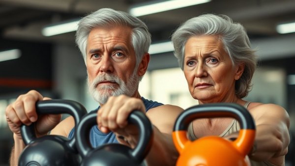 Older adults preserving muscle health with kettlebells in gym.