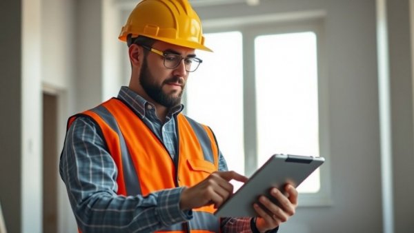 Surveyor using a tablet indoors, highlighting Scotland surveyors skills shortage.