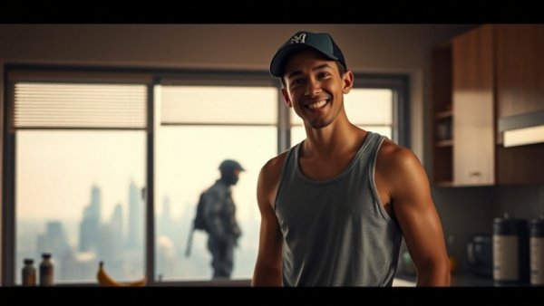 GRWM as an ICE agent TikTok: Smiling man in kitchen and tactical figure