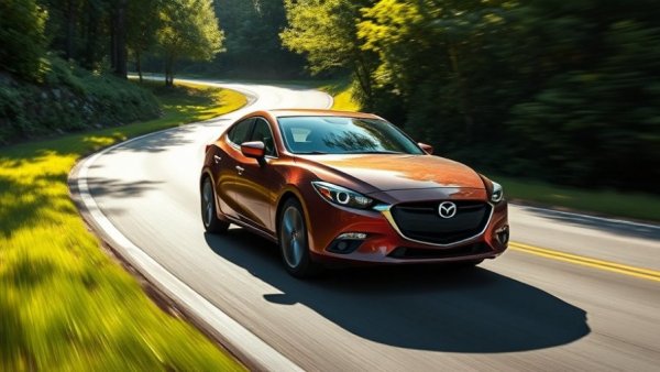 Mazda3 car driving on a scenic road. Upgrade from Mazda Miata.