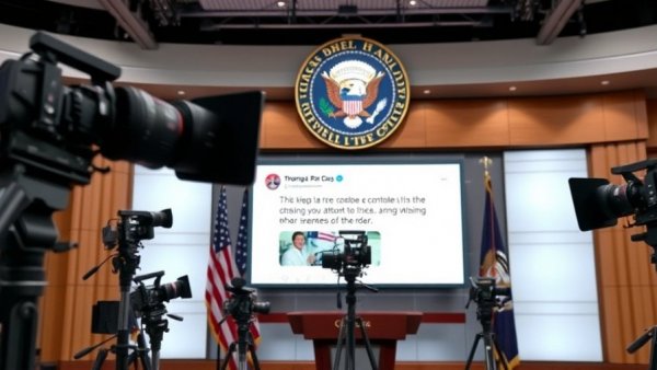 Press room setup highlighting Trump meme strategy in politics.