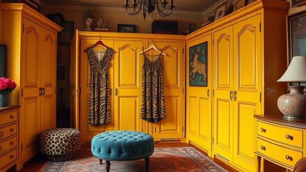 Stylish room with yellow wardrobes showcasing trendy wardrobe editing.