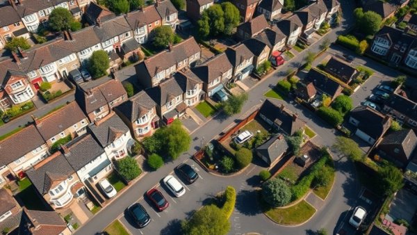 Aerial view of neighborhood showcasing terraced houses, illustrating small-time landlords in the rental market.