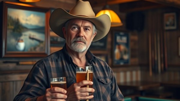 Man in cowboy hat at rustic bar from Taylor Sheridan Paramount shows.