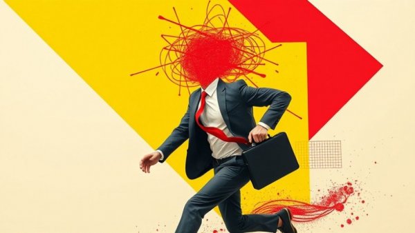 Abstract business concept with running figure and chaotic head.