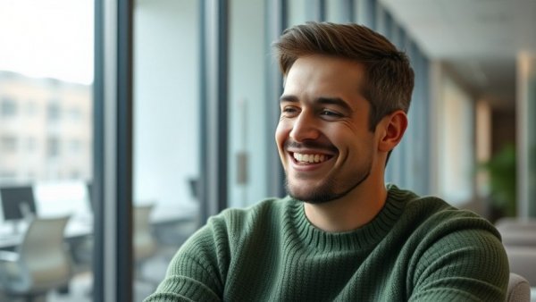Smiling man in office setting, LendInvest bridging loan concept.