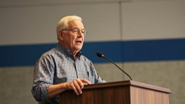 Elderly man at podium speaking about a prayer prayed in faith, church setting.