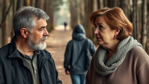Concerned parents discussing child's spiritual path, forest backdrop.