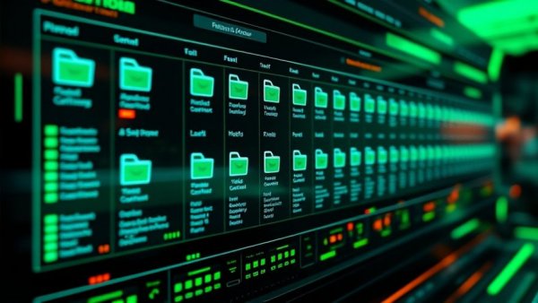 Animated folders streaming on a digital display screen representing AI chatbots in business