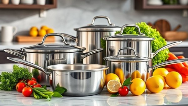 Modern titanium cookware set with vegetables on marble, showcasing 2026 trends.