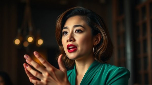 Confident woman speaking passionately indoors, questioning modern culture's impact on family.