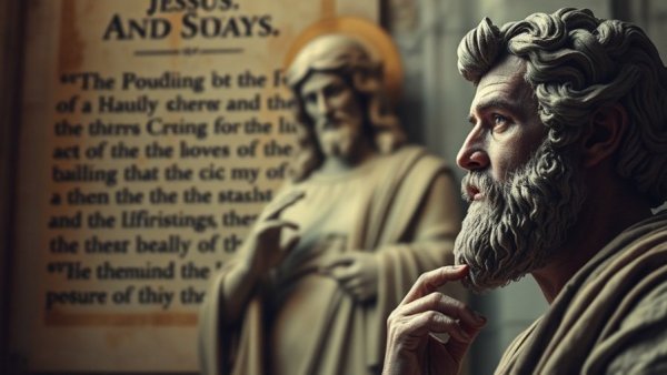 Identity of Jesus theme with a contemplative focus on a statue and scripture.