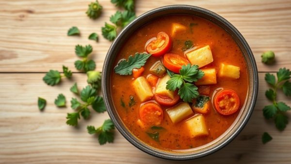 Hearty vegetable soup in a bowl on a wooden table.