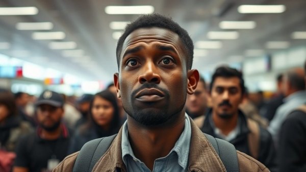 UK migration decline concept with crowded airport scene.