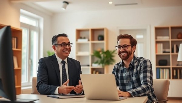Virtual chat between two men in a cozy setting.