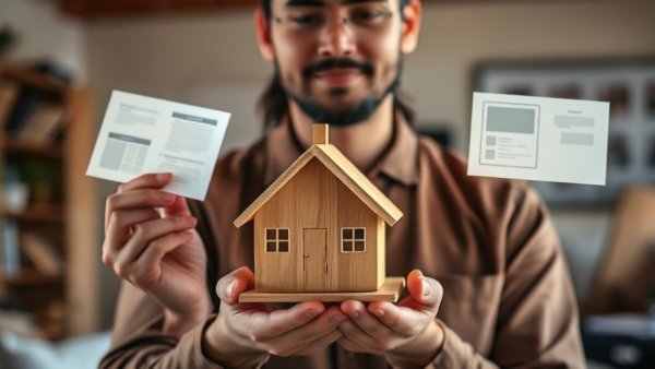 Digital interaction with real estate documents and wooden house.