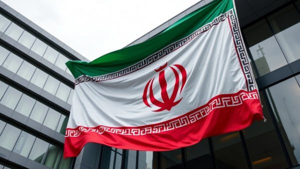 Iranian flag draped over a building, symbolizing protest context.