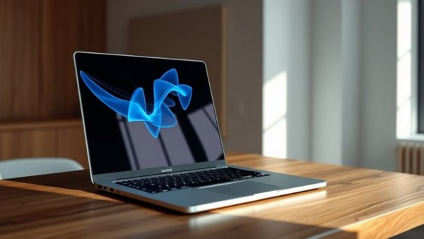 Modern laptop displaying blue digital pattern on desk for MacBook deals.