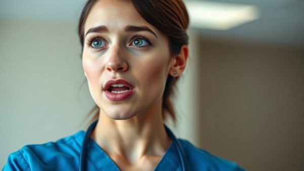 Close-up of a nurse speaking passionately, indoors.