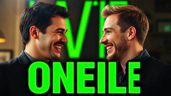 Bitcoin to $100,000 discussion with smiling men on vibrant background.