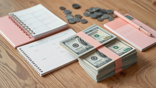 Cash stuffing tools with planner, envelopes, and cash stack for financial growth.