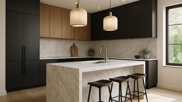 Modern kitchen interior with marble island in semi-detached house extension.