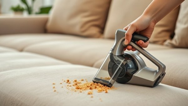 Aldi handheld vacuum cleaning crumbs on a beige couch.