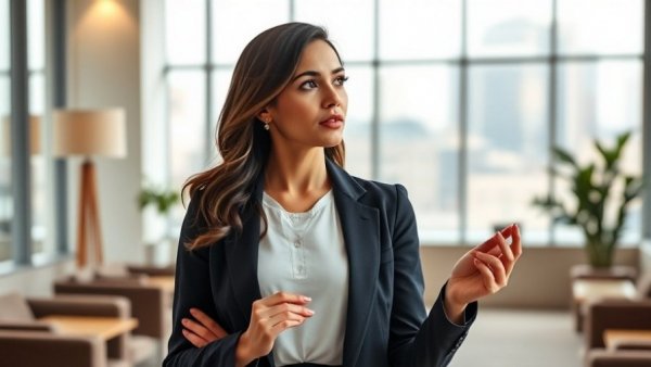 Average person money stats: woman shares finance insights in office.