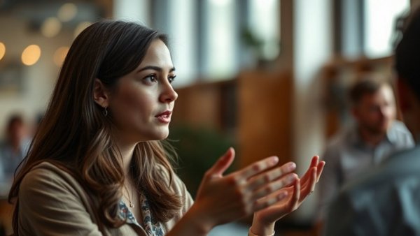 Engaged woman discussing ethical concerns of surrogacy indoors.