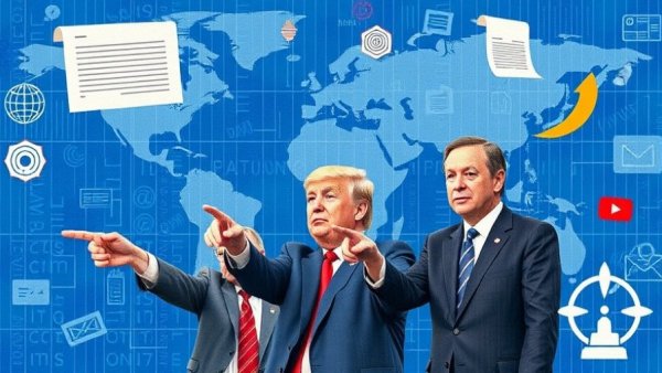 Illustration of travel bans for online safety advocates with political figures and symbols.