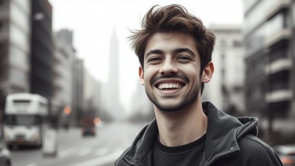 Young man smiling, illustrating UK property market trends.