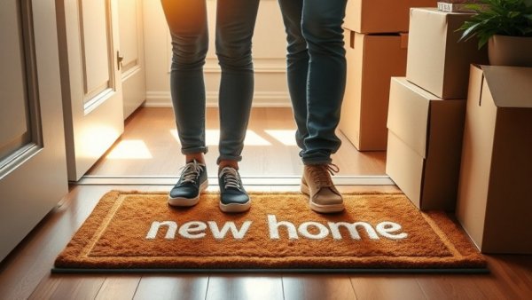 First-time buyers standing on 'First Home' doormat with 95% LTV mortgages keywords.