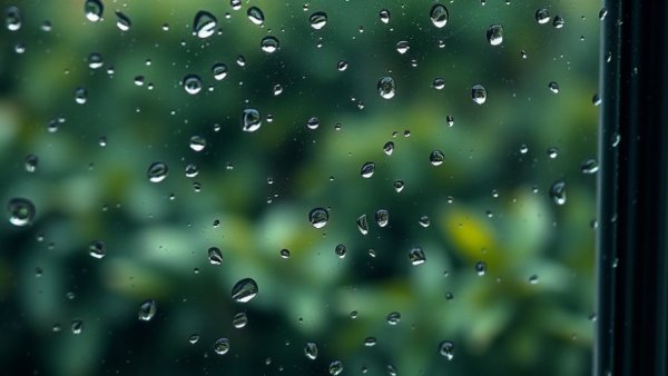 Raindrops on window, outdoor sensors for smart homes view.