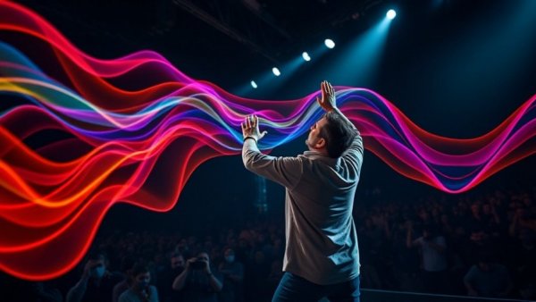 Man performing with colorful sound waves on stage.