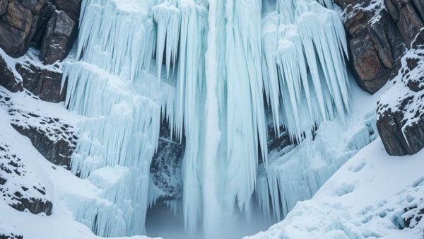 Frozen Ukraine waterfall with intricate ice formations.