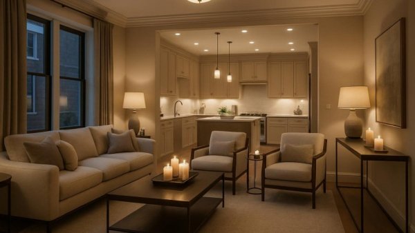 Quiet luxury in townhome living room with plush seating and neutral tones.