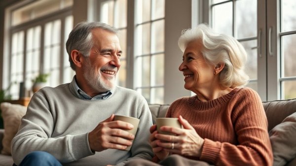 Happy older couple relaxing in bright living room, rightsizing property market.