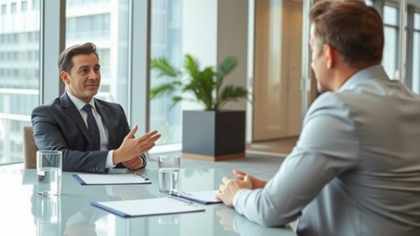 Office meeting during interview with man discussing important topics.