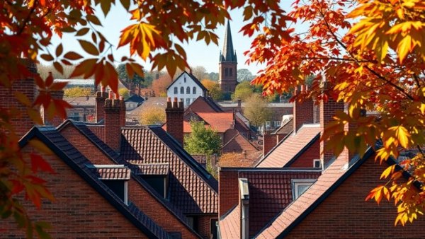 Affordable housing development in Stockport with red-brick rooftops and vibrant foliage.