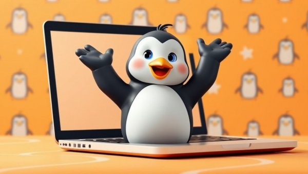 Cartoon penguin in laptop screen, Best Linux Distros theme.