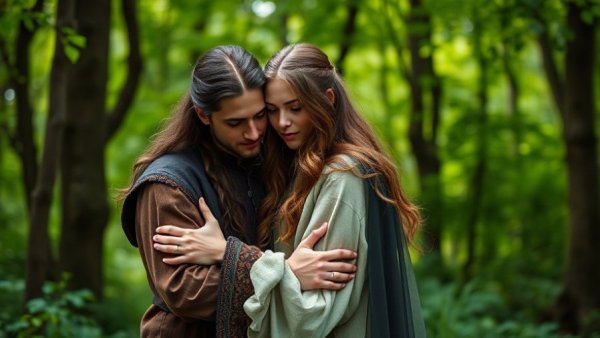 Pendragon Cycle Rise of the Merlin scene of a young couple embracing in a forest.