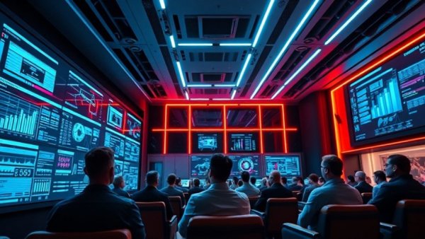 Futuristic conference on AI technology in a modern room with neon lighting.