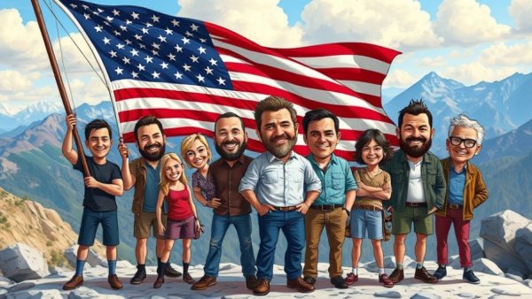 Caricature illustration of group with flag, symbolic landscape of Greenland.