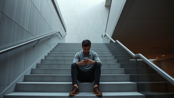 A young person on stairs using a phone, symbolic of combatting social media addiction.