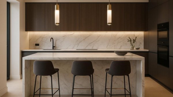 Modern luxury kitchen with marble island and elegant bar stools.