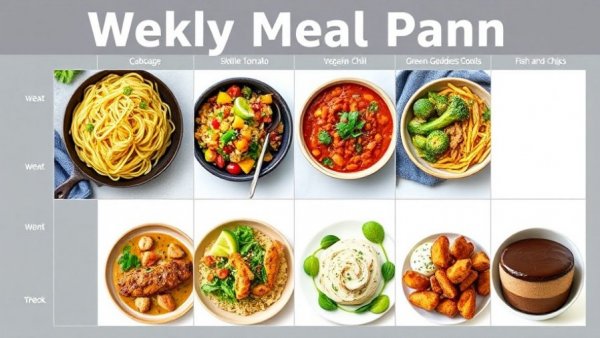 Colorful weekly meal plan layout for health with diverse dishes.