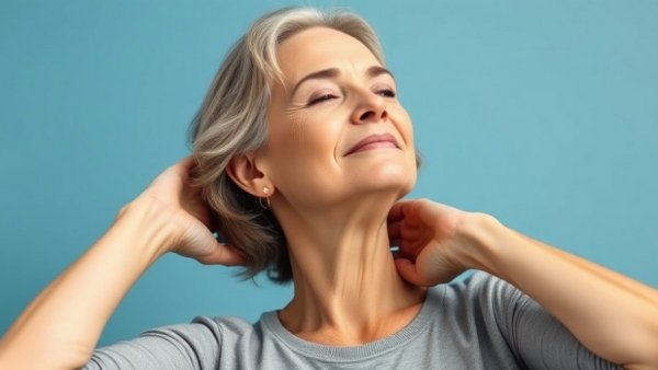 Neck stretch exercise for double chin after 55, woman in pink shirt.