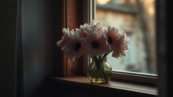 Finding hope in screwups, a vase with flowers on a windowsill in soft light.