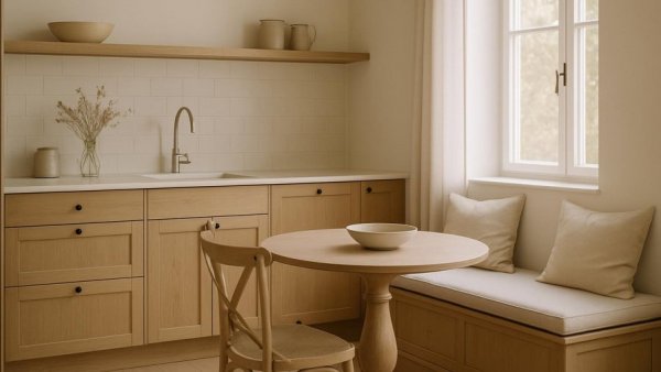 Minimalist country style kitchen with wood and white decor, natural light.