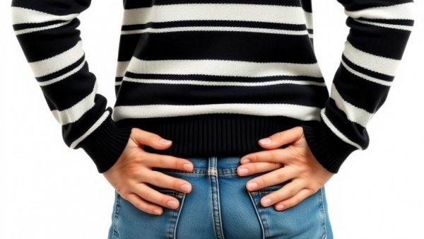 Person touching lower back in striped sweater, back strength tips.